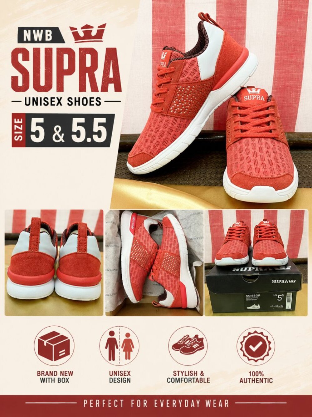 NWB Supra Scissor Sneakers Coral White Unisex Skate Shoes Authentic